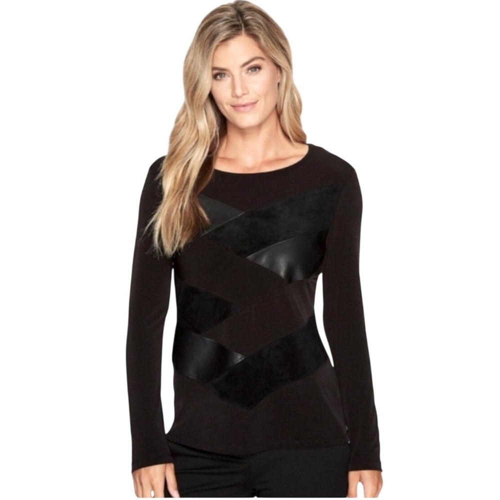 Calvin Klein Black Faux Leather Suede Mixed Media Top Size M Edgy Chic Goth NWT